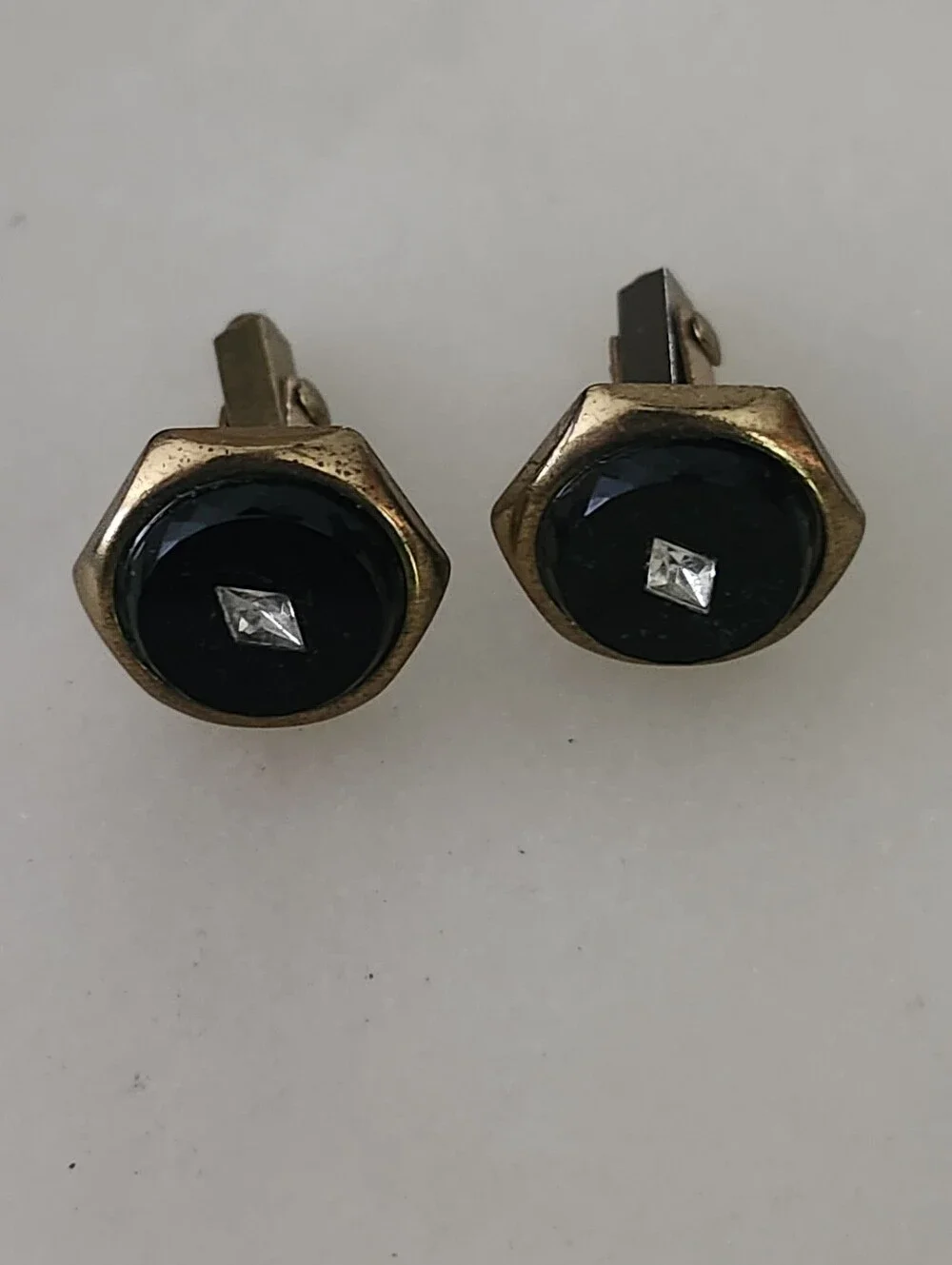Vintage Gold Tone Black Onyx Hex Cufflinks